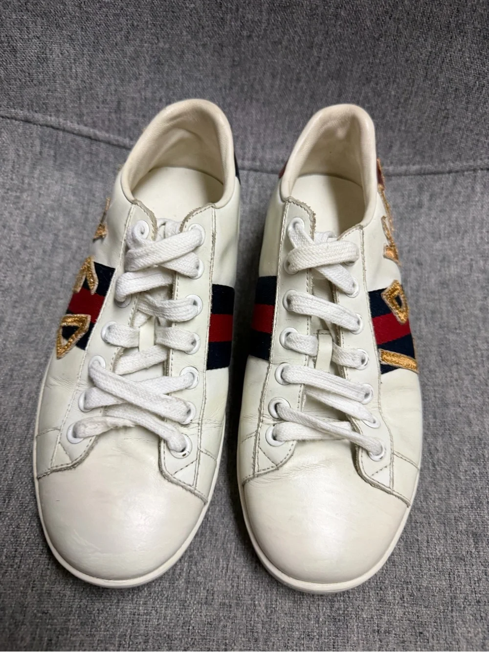 White Leather 'Loved' Low-Top Sneakers with Red & Blue Stripe